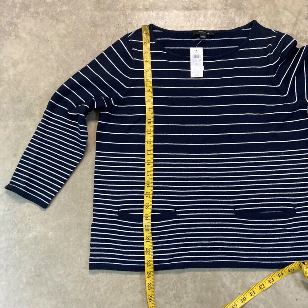 Ann Taylor Sweater Womens Large Navy Blue‎ Striped Welt Pocket Wool Blend